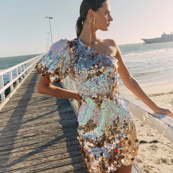 Elliatt Sequin One-Shoulder Mini Dress - Pink, Gold, Silver - Picture 1 of 9